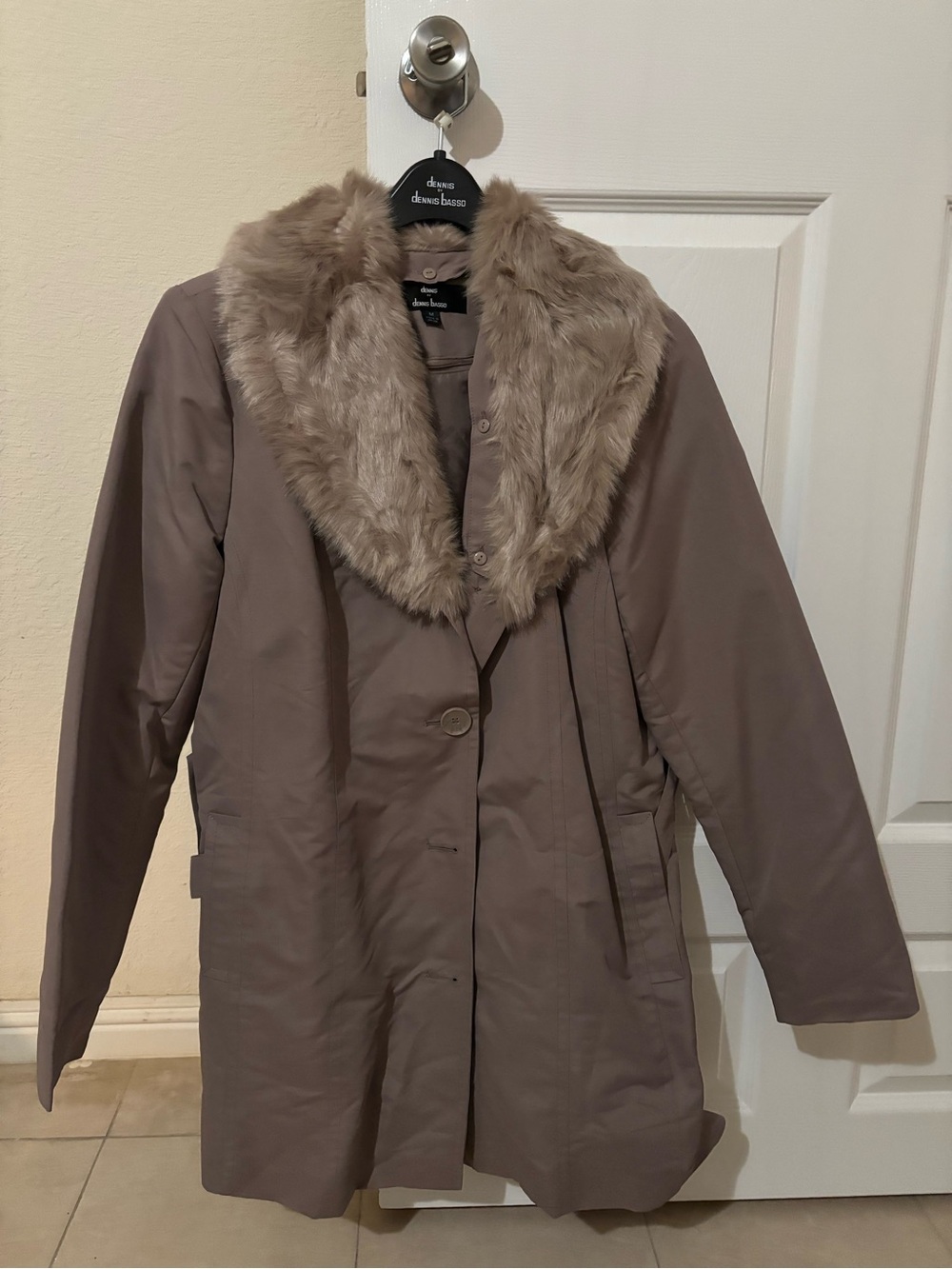 dennis basso Taupe Faux-Fur Trim Trench Coat